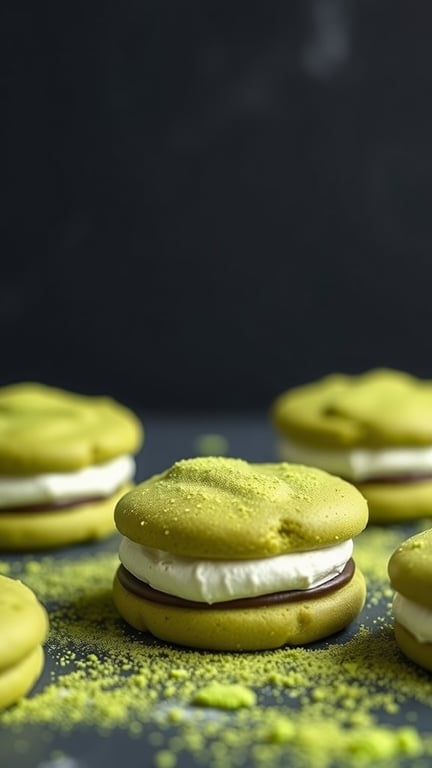 A close-up of matcha s'mores cookies with a creamy filling and a sprinkle of matcha powder on top.