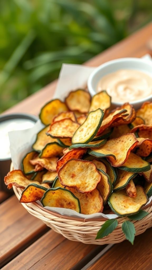 A basket of crispy zucchini chips with two bowls of dip on a wooden table.