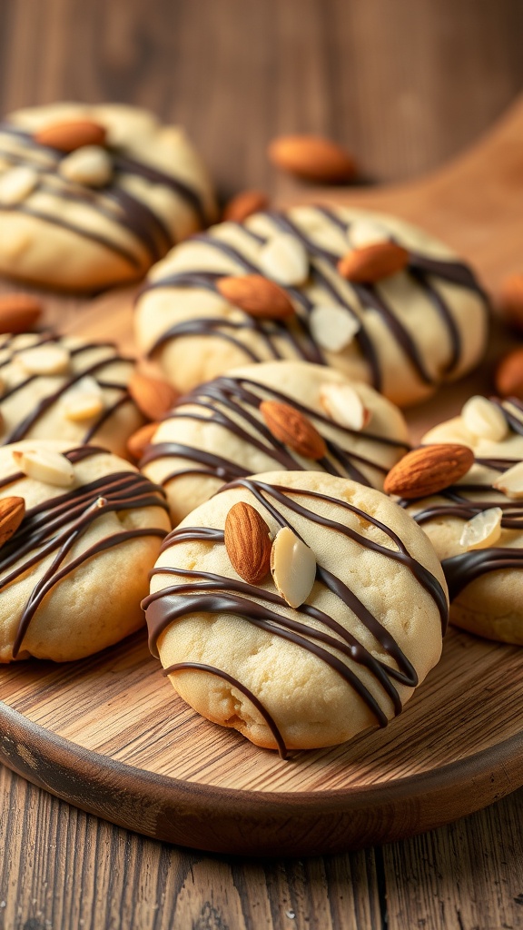 Delicious Almond Joy No Bake Cookies topped with chocolate drizzle and almonds on a wooden platter.