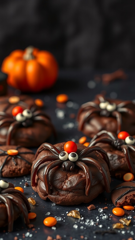 A close-up of chocolate spider cookies decorated with candy legs and eyes, surrounded by Halloween-themed decorations.