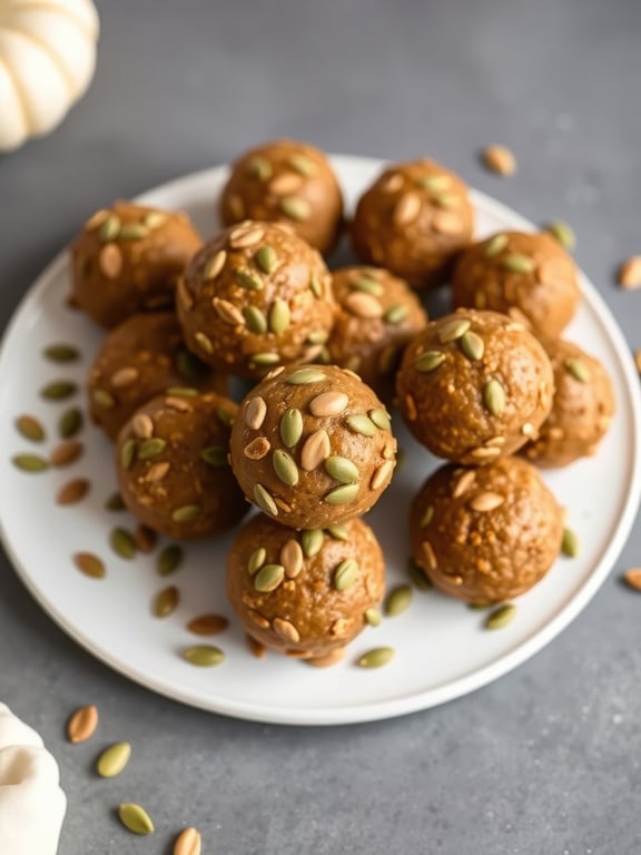 A plate of pumpkin pie energy bites topped with pumpkin seeds.