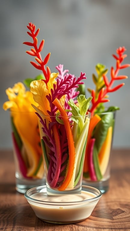 Colorful veggie cups filled with vibrant vegetables resembling underwater plants, served with a dip.