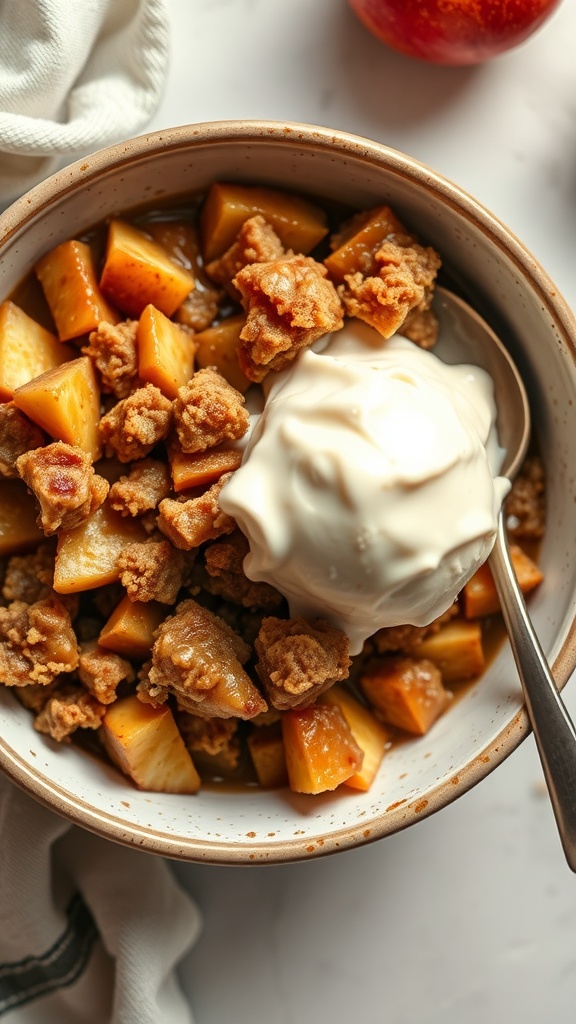 A bowl of caramel apple crisp topped with ice cream, featuring chunks of apples and a crumbly topping.