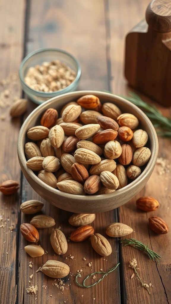 A bowl of assorted nuts on a wooden table