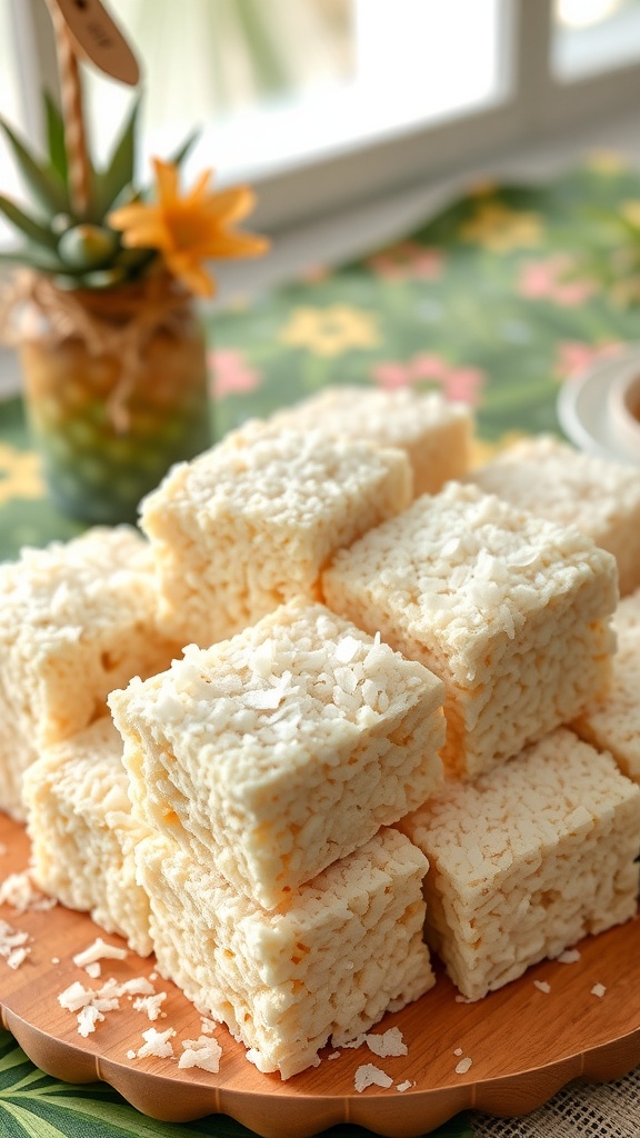 A stack of Coconut Rice Krispie Treats on a wooden platter, topped with shredded coconut.