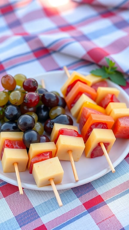 A plate of fruit and cheese skewers with grapes on a picnic blanket.