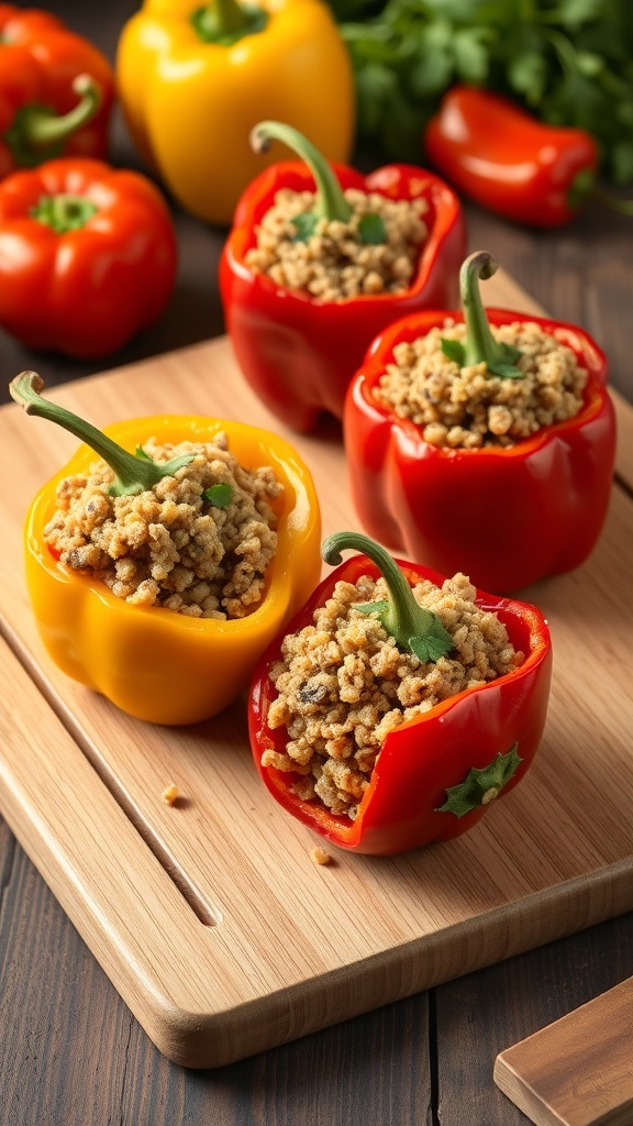 Stuffed bell peppers filled with quinoa and ground turkey on a wooden cutting board