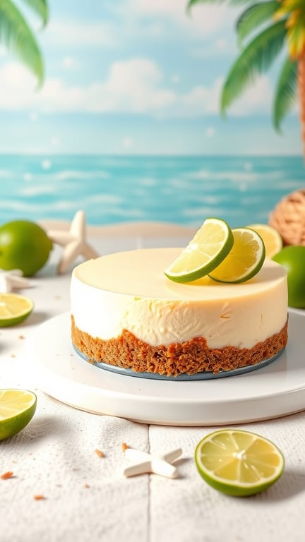 A delicious key lime cheesecake topped with lime slices, set against a beach background.