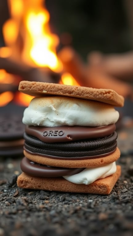 A stack of Oreo s'mores with a fire in the background.