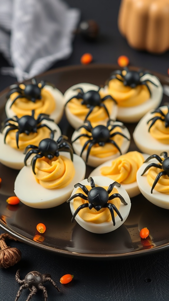 A plate of deviled eggs decorated with black spider figures, surrounded by Halloween-themed decorations.