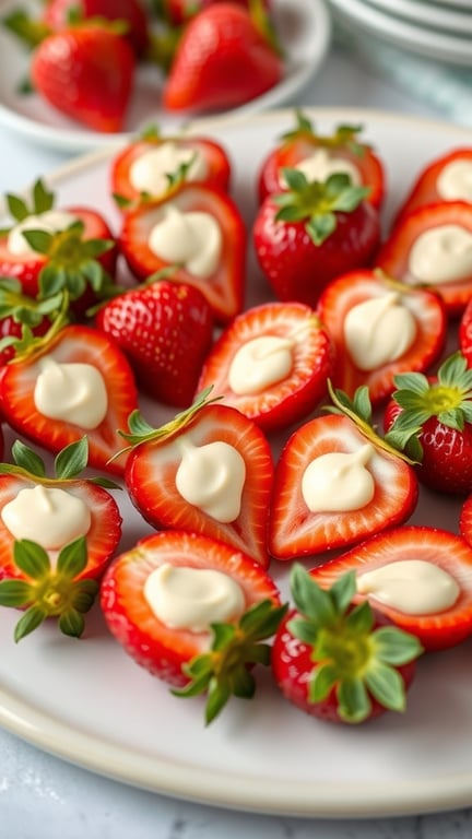 A plate of cheesecake stuffed strawberries, showcasing fresh strawberries filled with creamy cheesecake filling.