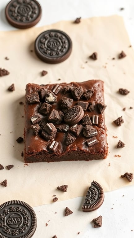 A delicious brownie topped with Oreo pieces, surrounded by whole Oreos and brownie crumbs.