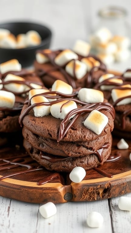 A stack of S'mores Brownie Cookies topped with toasted marshmallows and drizzled with chocolate on a wooden board.