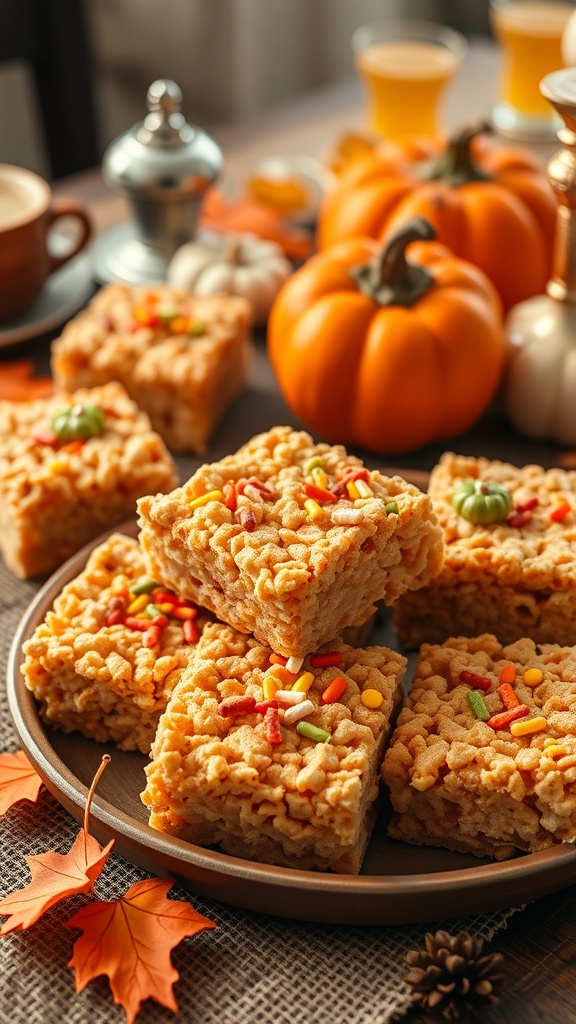 A platter of pumpkin spice Rice Krispie treats decorated with colorful sprinkles, surrounded by pumpkins and autumn leaves.