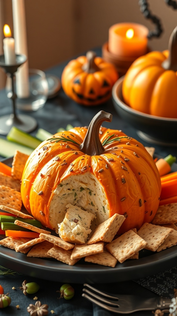 A pumpkin-shaped cheese ball surrounded by crackers and vegetables on a Halloween-themed table.
