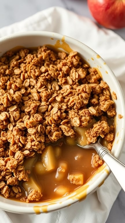 A bowl of caramel apple crisp with oat topping, showing golden brown oats and chunks of apples.