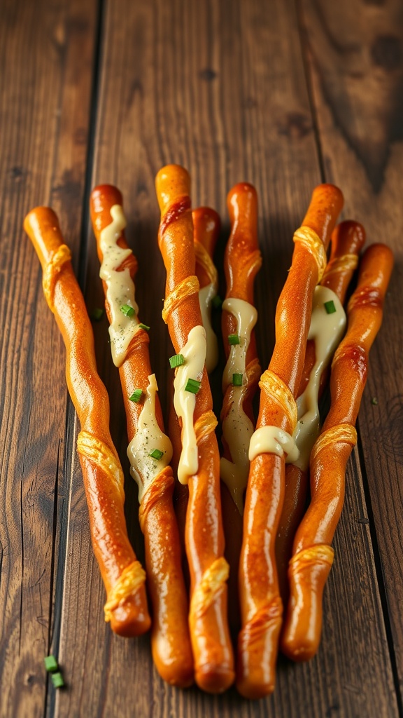 A plate of Witch's Broomstick Pretzels with cheese and herbs on a wooden table.