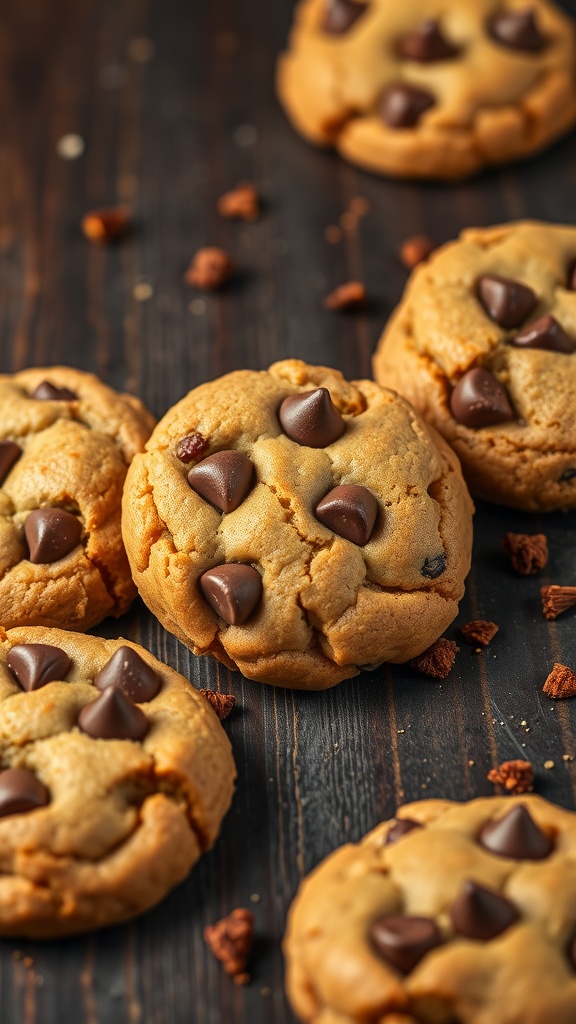 Delicious spicy pumpkin chocolate chip cookies on a wooden surface
