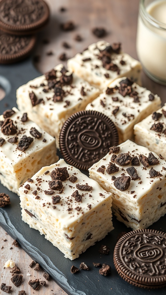 Cookies and Cream Rice Krispie Treats with Oreo pieces on top