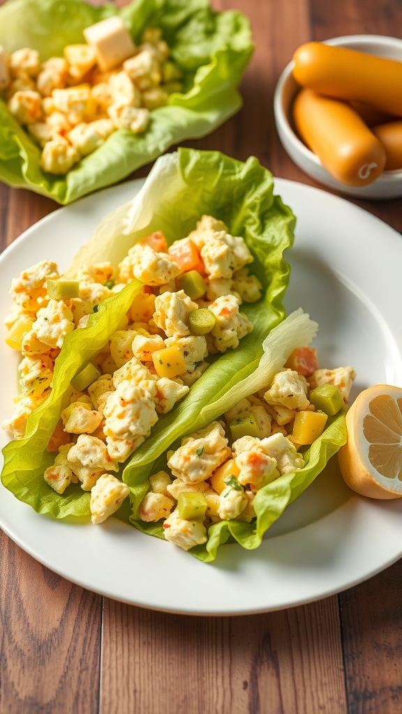 Egg salad lettuce wraps served on a plate with a side of sausages and a lemon.