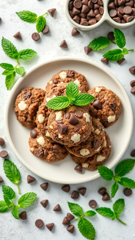 A plate of Chocolate Mint No-Bake Cookies garnished with mint leaves, surrounded by chocolate chips.