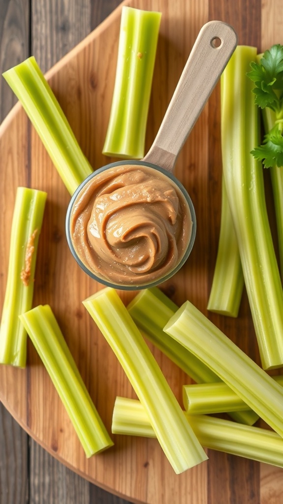 A bowl of almond butter surrounded by fresh celery sticks on a wooden board.