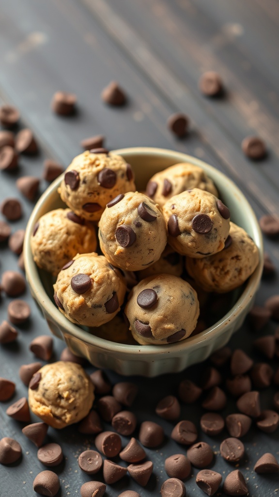 A bowl of chocolate chip cookie dough no bake bites surrounded by chocolate chips.