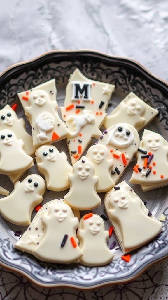 A plate of ghost-shaped white chocolate bark decorated with sprinkles for Halloween.