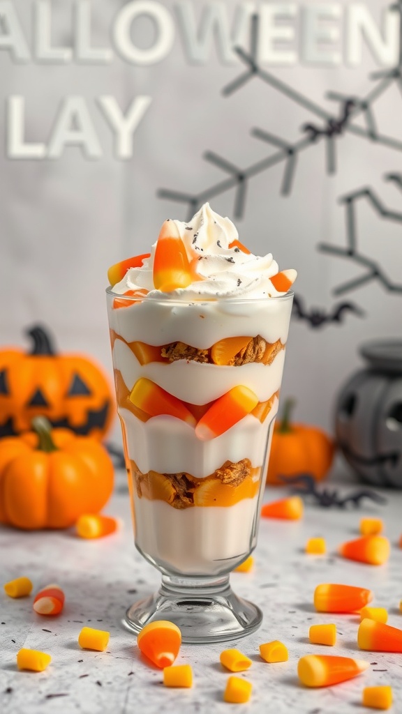 A colorful Candy Corn Parfait in a glass, layered with whipped cream, candy corn, and a creamy base, surrounded by Halloween decorations.
