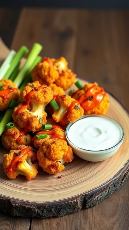 A platter of spicy buffalo cauliflower bites with celery sticks and ranch dressing