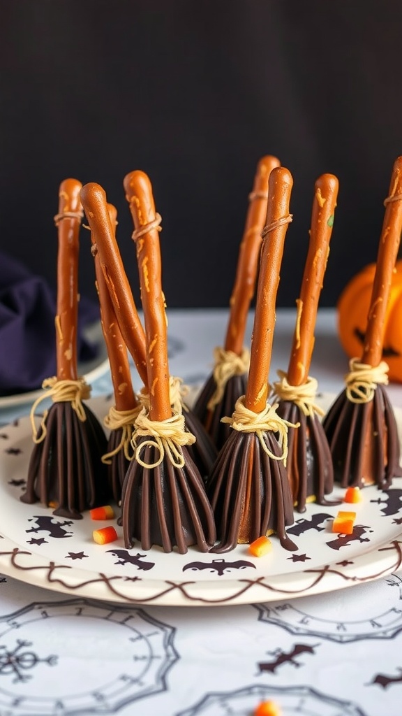 Chocolate-covered pretzel broomsticks arranged on a plate, decorated for Halloween.