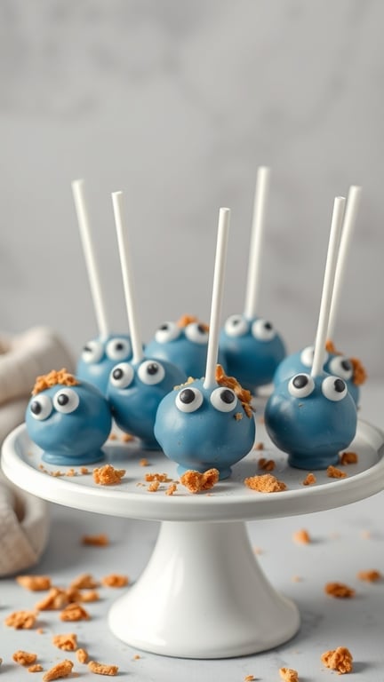 A plate of blue cake pops resembling Cookie Monster, with googly eyes and cookie crumbs.