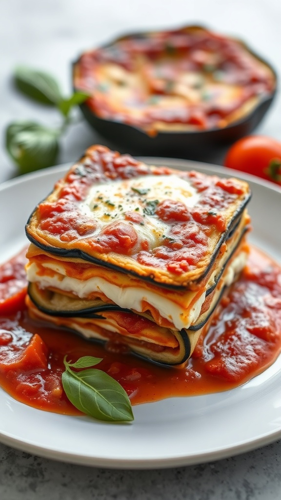 A plate of eggplant lasagna with ricotta, topped with tomato sauce and fresh basil.