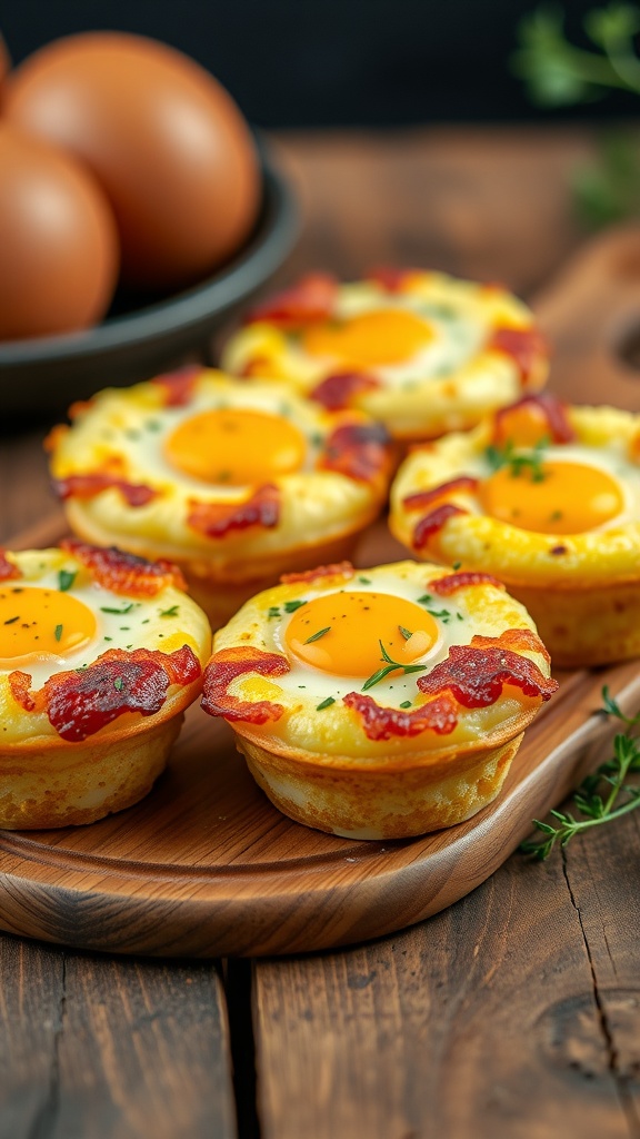 Bacon and egg breakfast muffins on a wooden platter with fresh eggs in the background.