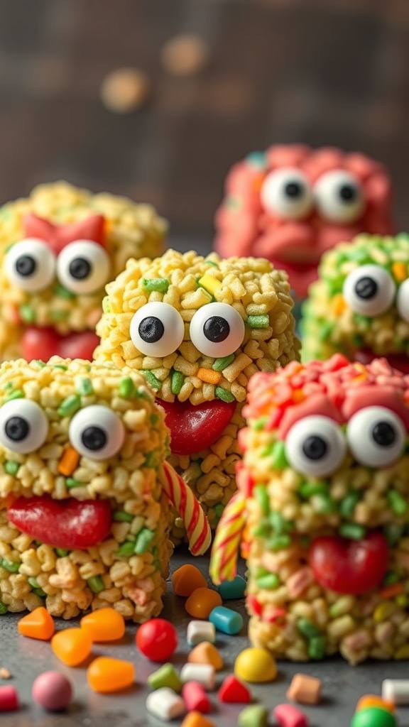 Colorful Monster Rice Krispie Treats with candy eyes and sprinkles