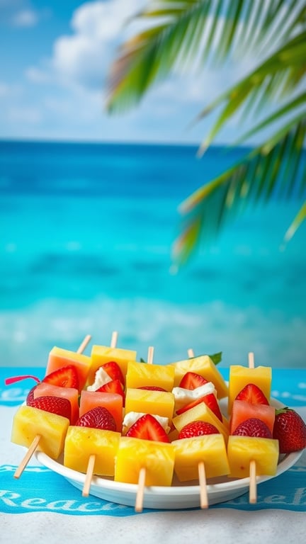 A plate of colorful tropical fruit skewers with pineapple, watermelon, and strawberries against a beach background