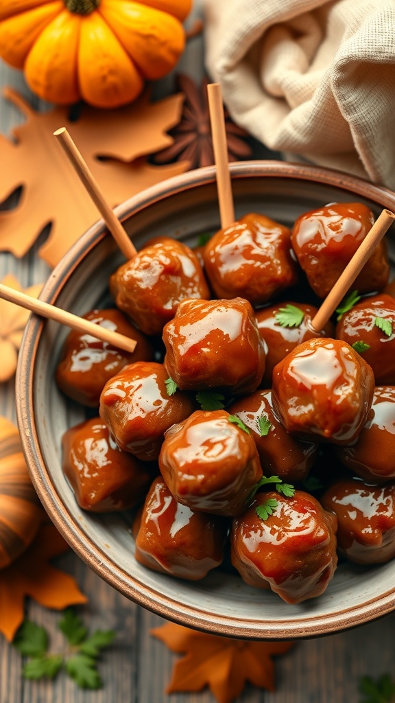 A bowl of pumpkin spice meatballs with a glossy glaze, garnished with herbs, surrounded by autumn leaves and a small pumpkin.
