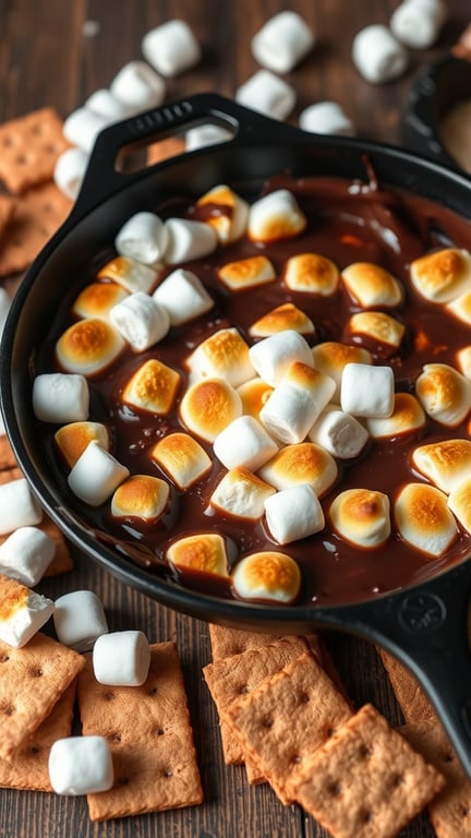 A skillet filled with melted chocolate and toasted marshmallows, surrounded by graham crackers.