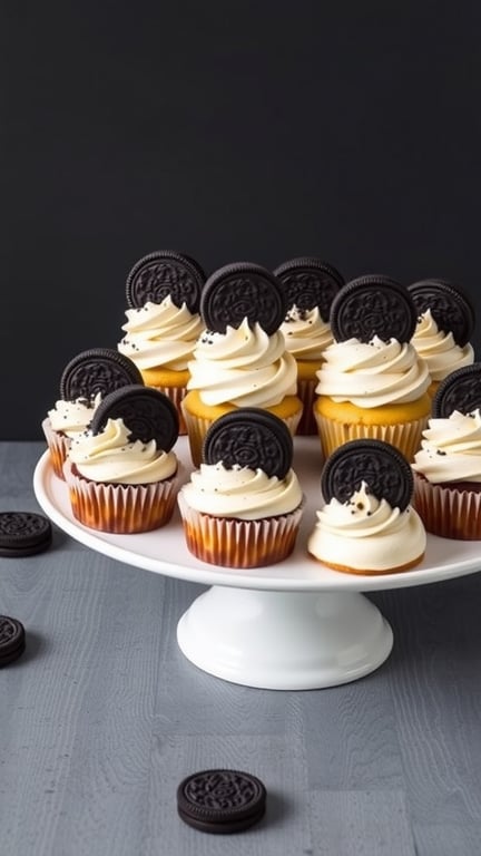 A display of Oreo cupcakes topped with frosting and Oreo cookies.