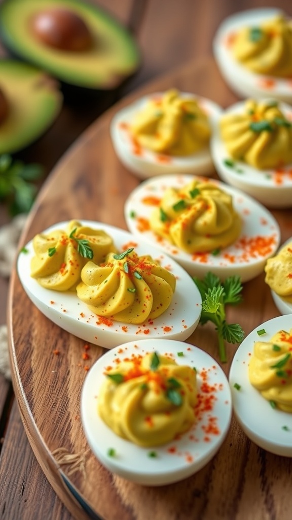 A plate of avocado deviled eggs garnished with paprika and herbs