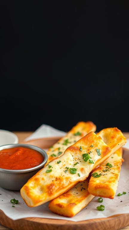 Cheesy garlic breadsticks served with marinara sauce