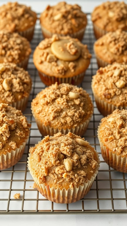 Freshly baked apple cinnamon muffins with a streusel topping on a cooling rack.