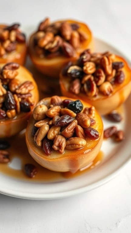 Baked apples stuffed with nuts and raisins on a white plate