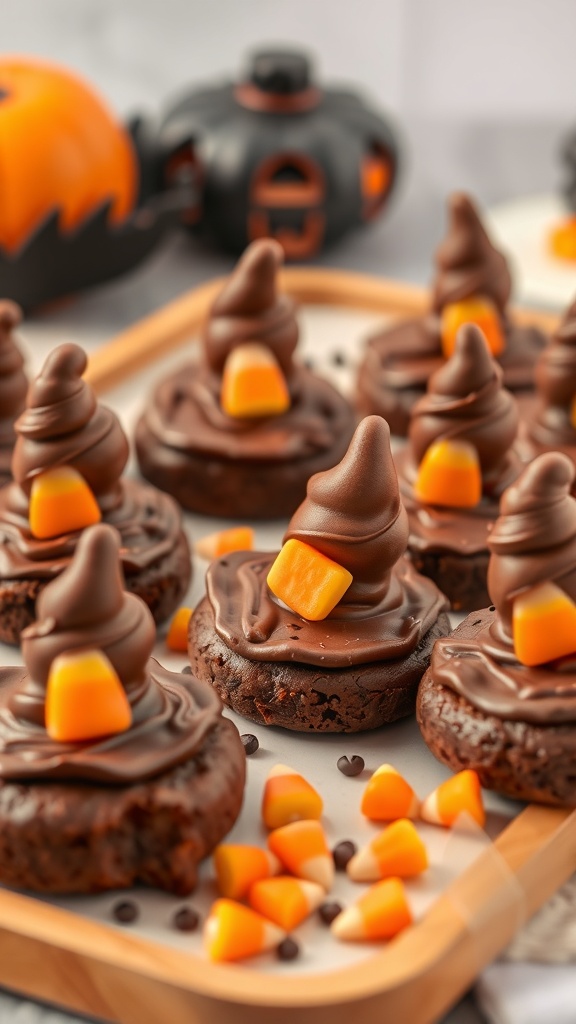 A tray of witch hat brownies topped with chocolate frosting and candy corn, surrounded by Halloween decorations.