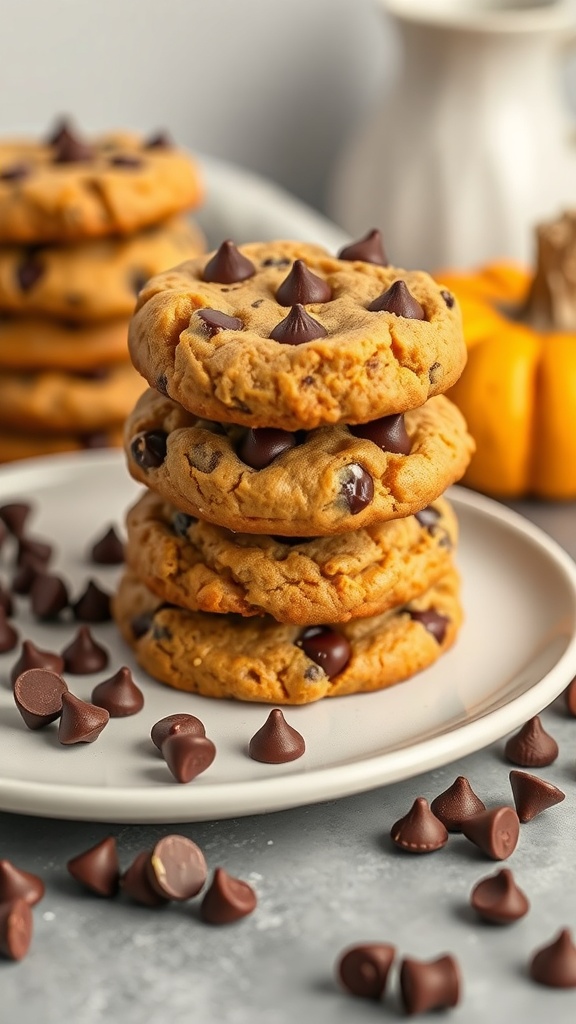 A stack of chocolate chip pumpkin cookies on a plate, surrounded by chocolate chips and a pumpkin.
