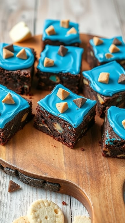 Delicious cookie monster brownies with blue frosting and cookie pieces on top