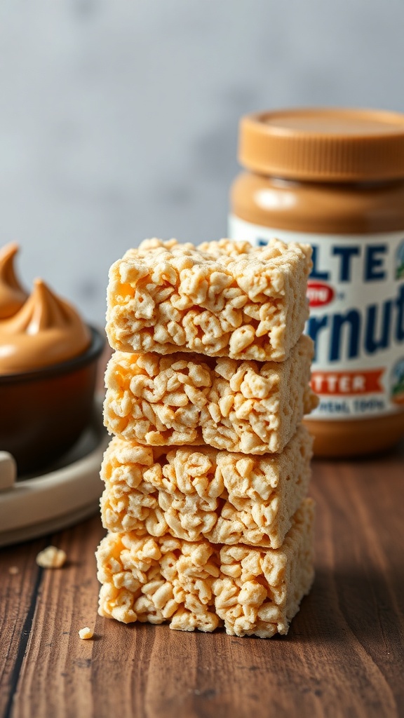 A stack of Peanut Butter Rice Krispie Treats next to a jar of peanut butter.