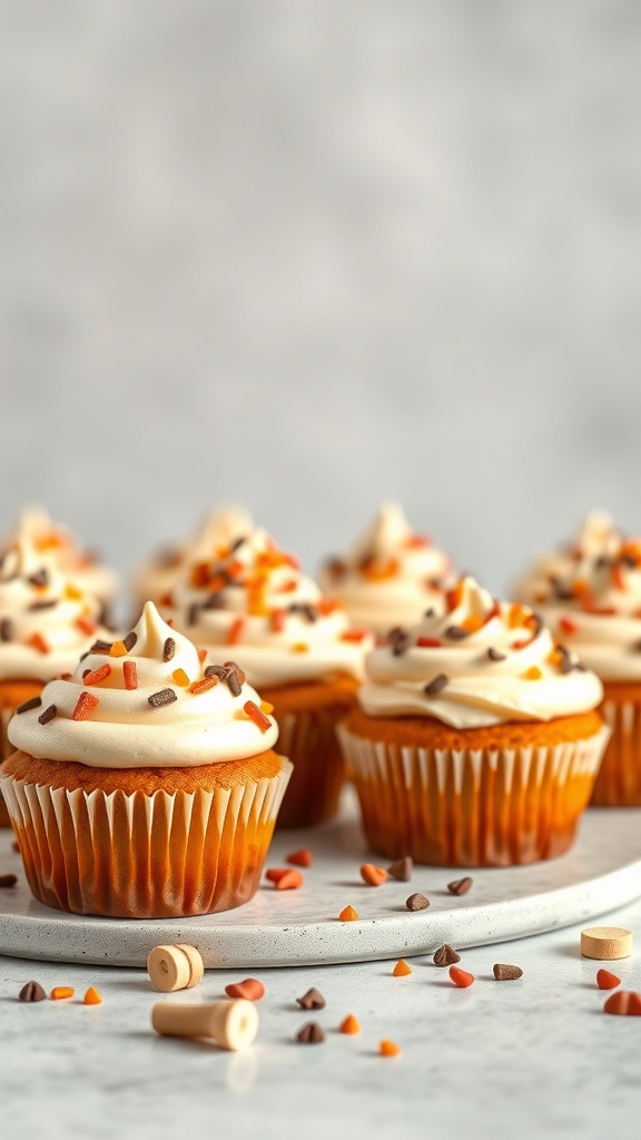 A plate of pumpkin spice cupcakes decorated with creamy frosting and colorful sprinkles.
