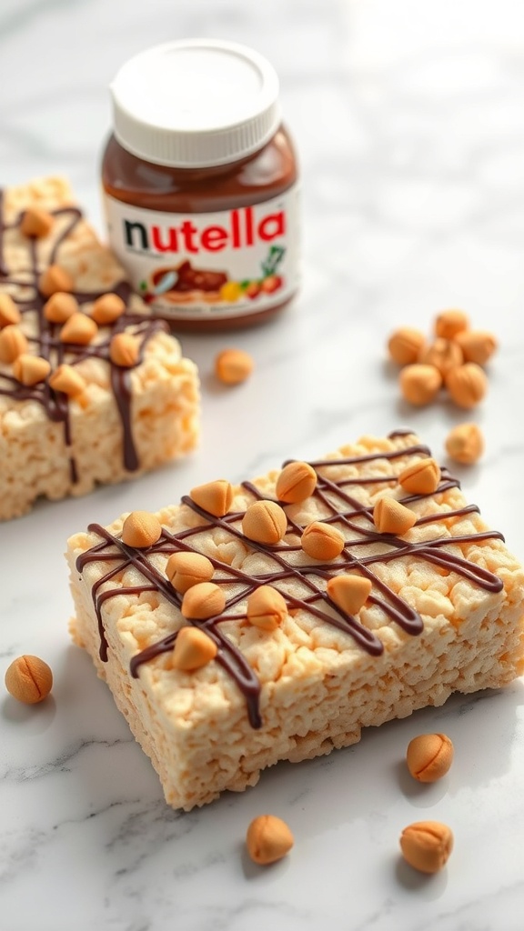 Nutella Rice Krispie Treats with chocolate drizzle and peanut butter chips