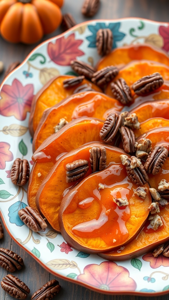 A plate of maple-glazed sweet potatoes topped with pecans, surrounded by decorative elements.